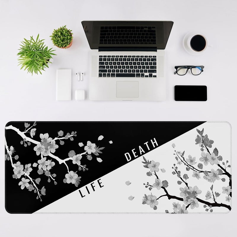 DIGSOM Mouse Pad Gaming Keyboard Pad 31.5 x 11.8 in Gaming Mouse Pad with Anti-Slip Rubber Base and Stitched Edges, Japanese Life Death Keyboard Mat(Black with White Cherry Blossom) - Image 3